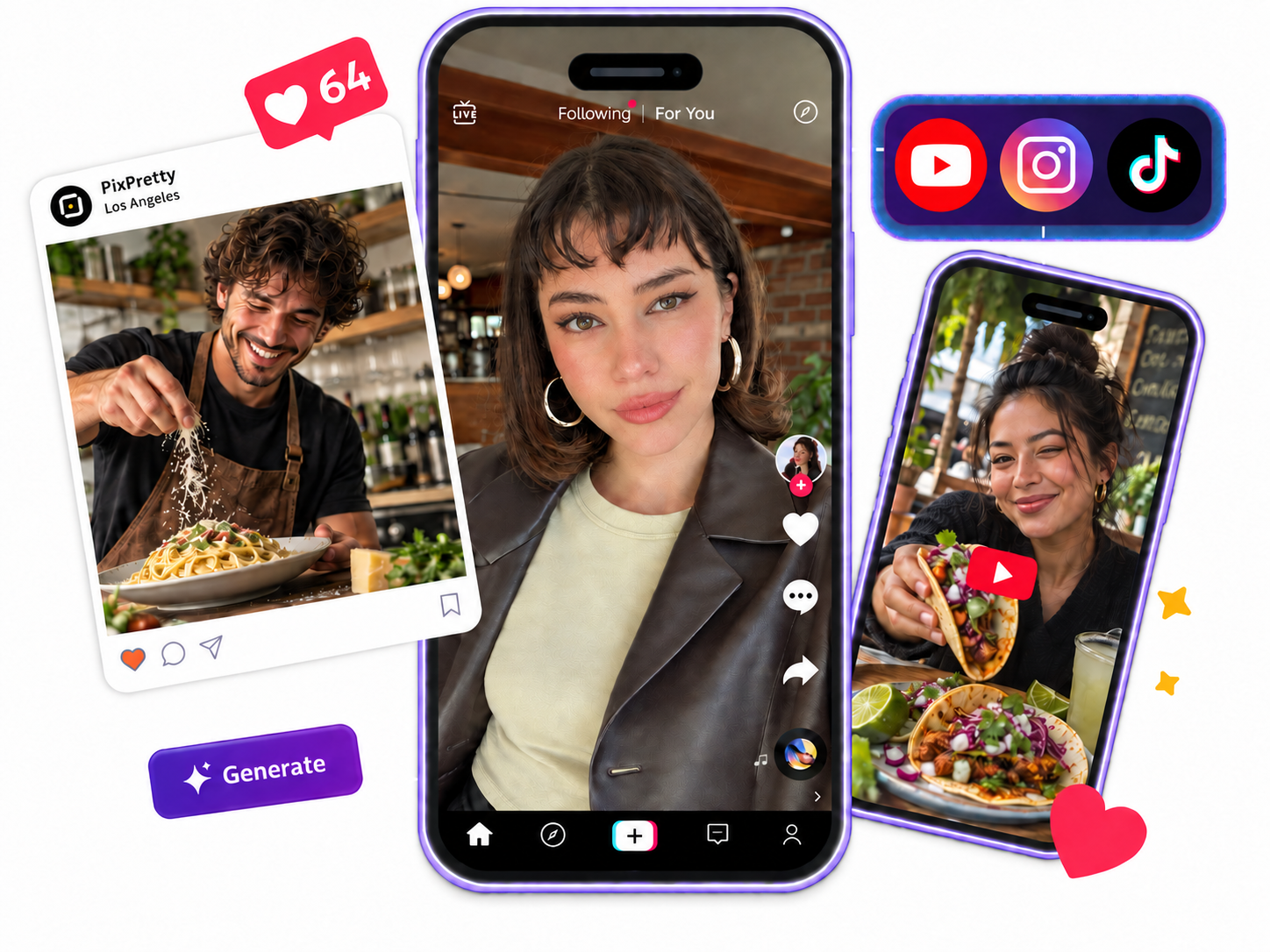 Collage van food influencers met het aangeleverde portret centraal, pasta links en taco’s rechts